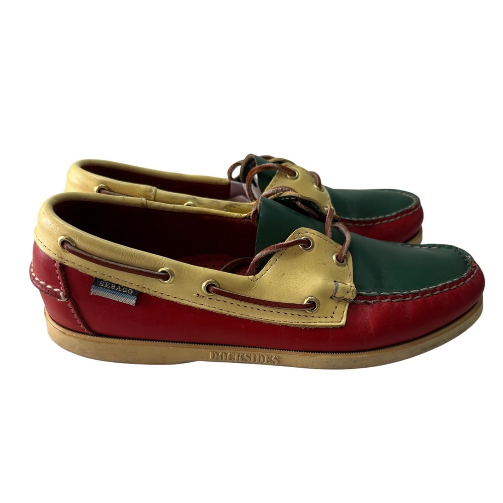 Sebago Docksides Boat Shoes Red Yellow Green Leather Vintage Handsewn Mens 9